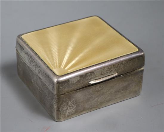 A George V Art Deco silver and enamel square shaped cigarette box, Birmingham, 1936, 92mm.